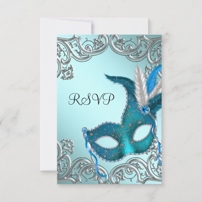 Turquoise Blue Silver Masquerade Party RSVP (Devant)