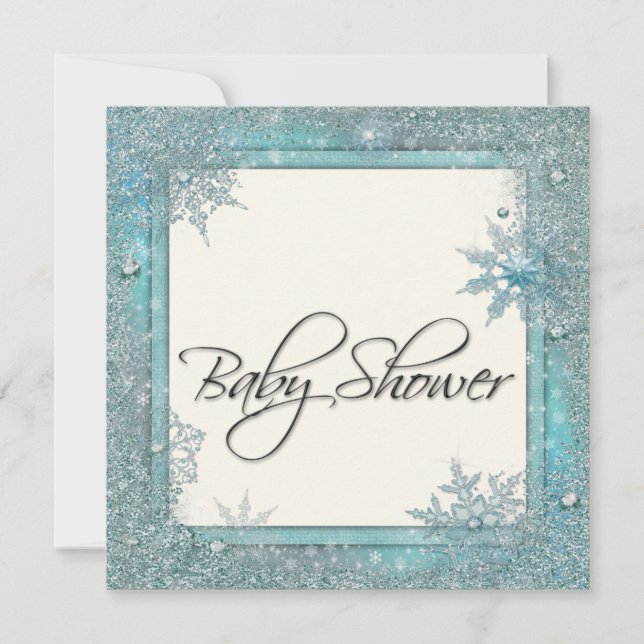 Turquoise Blue Snowflake Baby Shower Invitations (Devant)