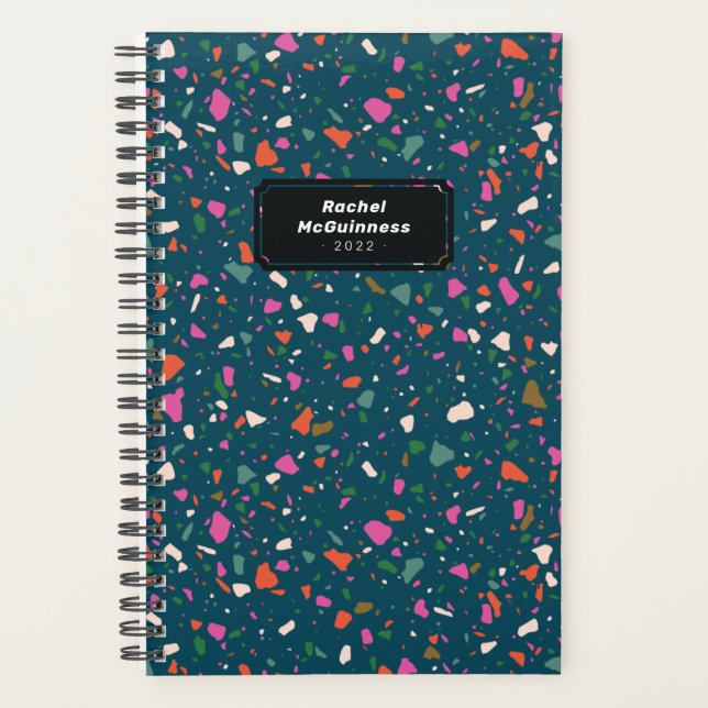 Turquoise Blue Terrazzo Planner avec nom et année (Devant)