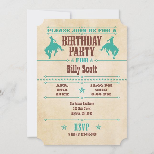 Turquoise Blue Vintage Cowboy Invitation Anniversa (Devant)