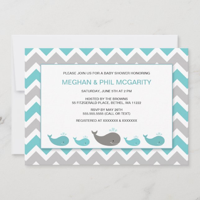 Turquoise Blue Whales Boy Baby shower Invitation (Devant)