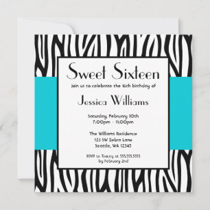Turquoise Blue Zebra Modern Sweet 16 Invitations