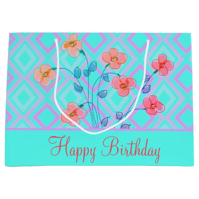 Turquoise Bon Anniversaire Sac Cadeau Avec Floral (Devant)