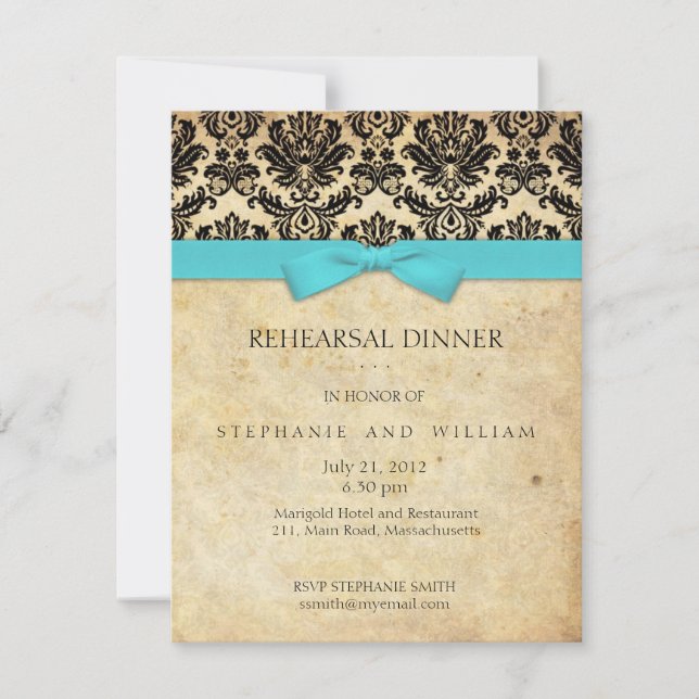 Turquoise Bow Damask Probe Abendessen Einladung (Vorderseite)