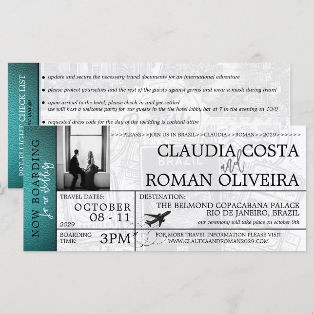 Turquoise Brésil Mariage Boarding Pass Invitation (Devant / Derrière)