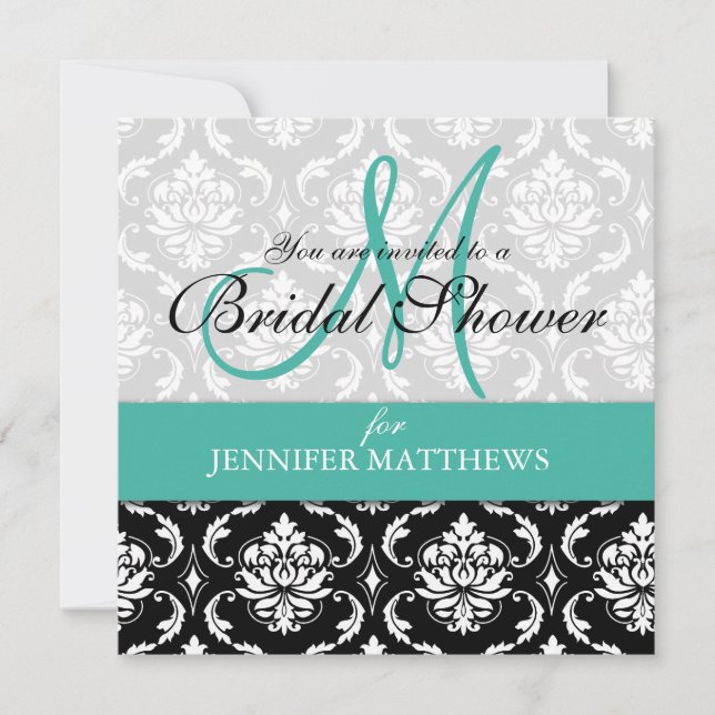 Turquoise Bridal Dusche Einladung Damask Monogramm (Vorderseite)