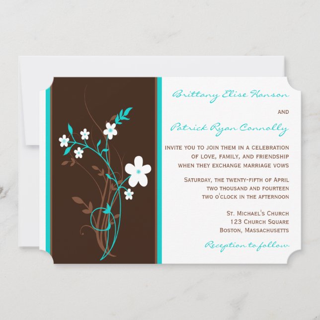 Turquoise, Brown, Faire-part de mariage floral bla (Devant)
