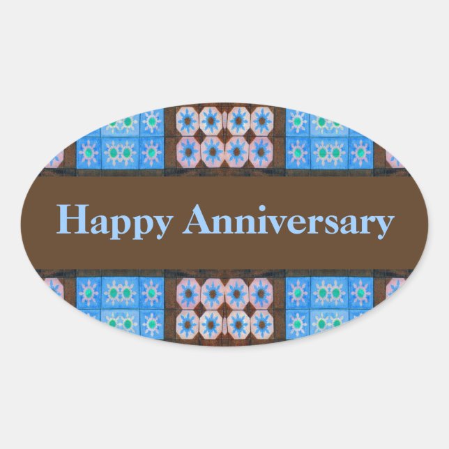 Turquoise Brown Happy Anniversary Ovaler Aufkleber (Vorderseite)