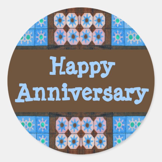 Turquoise Brown Happy Anniversary Runder Aufkleber (Vorderseite)