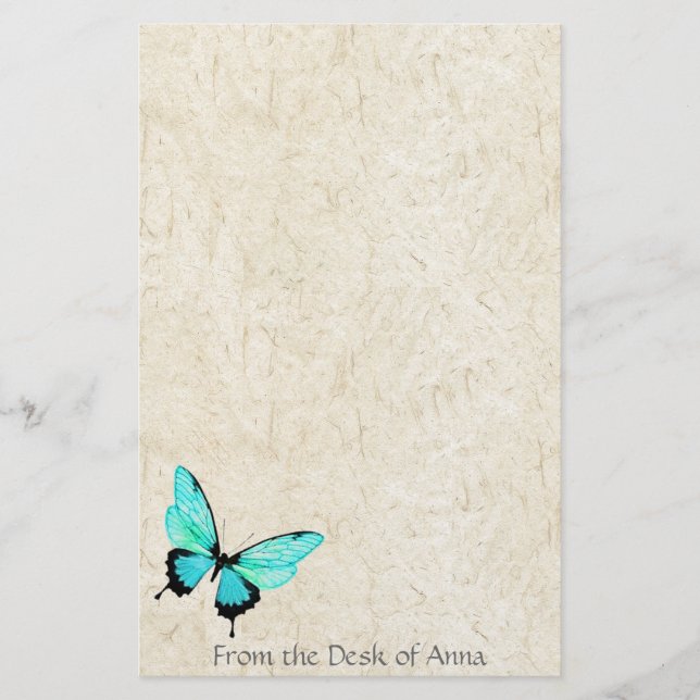 Turquoise Butterfly Faux Handmade Paper Stationery Briefpapier (Vorderseite)