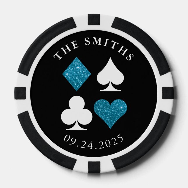 Turquoise Card Anzug Hochzeitdatum und Name Gefäll Pokerchips (Vorderseite)