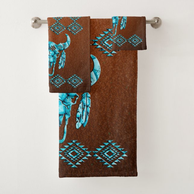 Turquoise Carved Buffalo Skull Grafik Badhandtuch Set (Insitu)