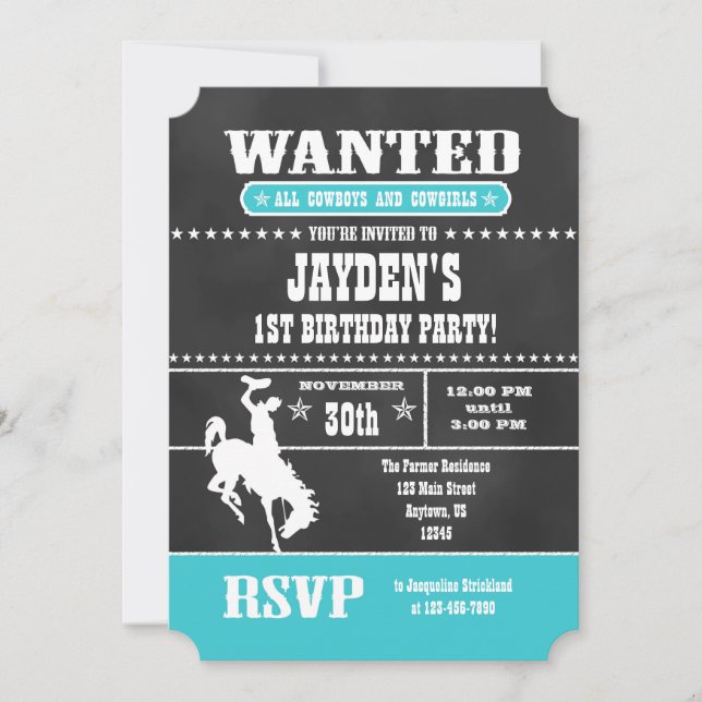 Turquoise Chalkboard Cowboy Invitation d'anniversa (Devant)
