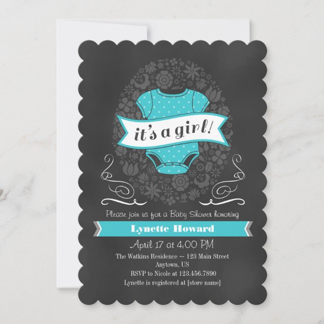 Turquoise Chalkboard Girl Baby Dusche einladen Einladung (Vorderseite)