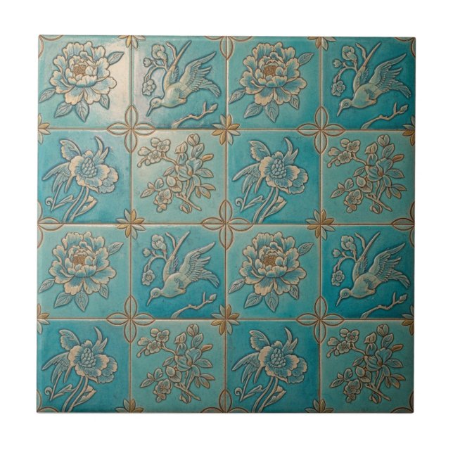Turquoise Chinoiserie Relief Pattern Ceramic Tile Fliese (Vorderseite)