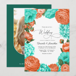 Turquoise & Coral Floral Wedding Einladung
