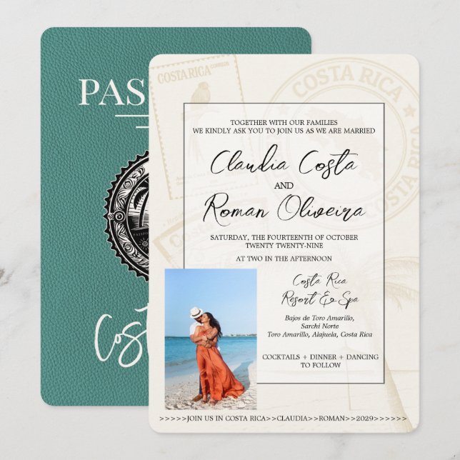 Turquoise Costa Rica Pass Einladung Hochzeit (Vorne/Hinten)