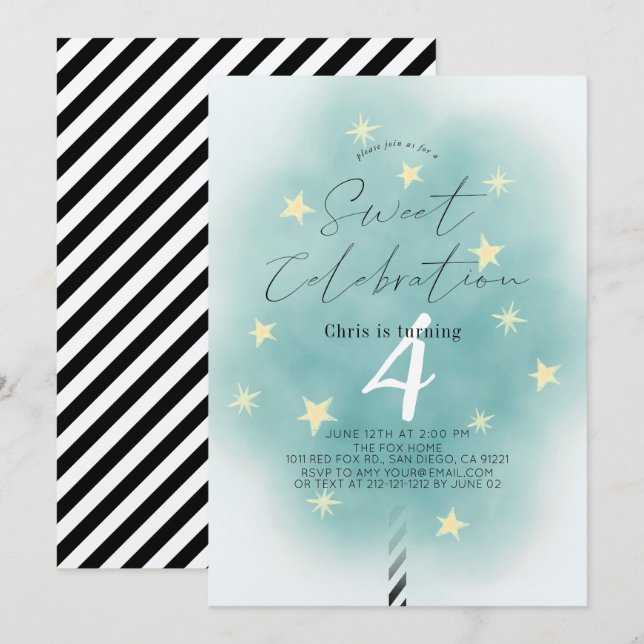Turquoise Coton Candy Sweet Boy Invitation Anniver (Devant / Derrière)