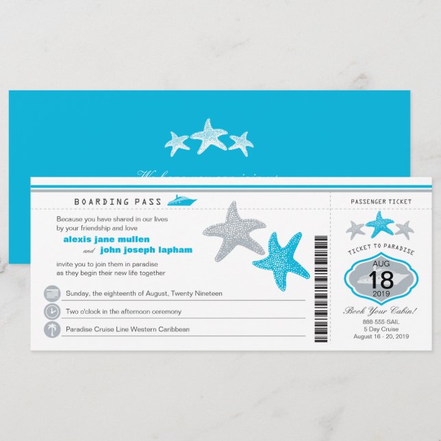 Turquoise Cruise Starfish Boarding Pass Wedding Einladung (Vorne/Hinten)