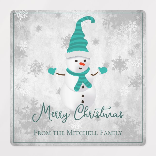 Turquoise Cute Snowman Vacances Étiquettes (Design 1)