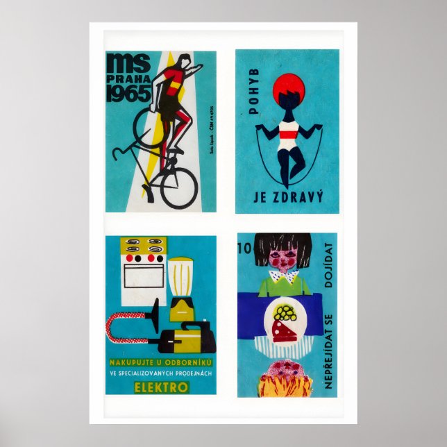 Turquoise Czech Matchbox Labels Grid Print Poster (Vorne)