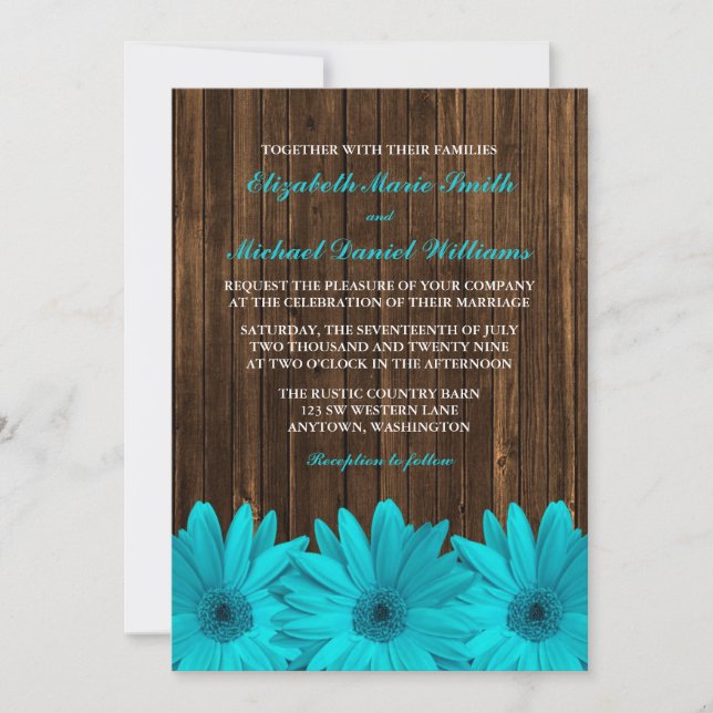 Turquoise Daisy Grange Wood Wedding Invitations (Devant)