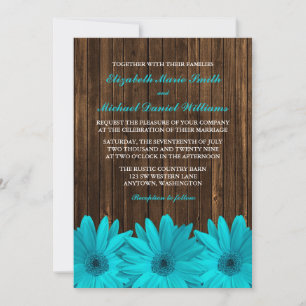 Turquoise Daisy Grange Wood Wedding Invitations