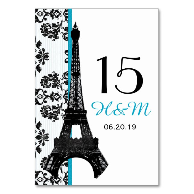 TURQUOISE DAMASK EIFFEL TOWER PARISIAN WEDING TISCHNUMMER (Vorderseite)