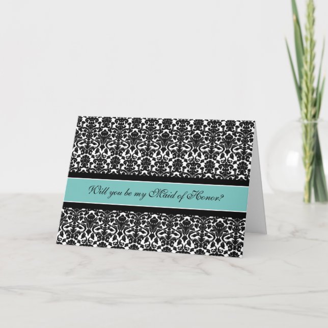Turquoise Damask Maid of Honor Invitation (Devant)