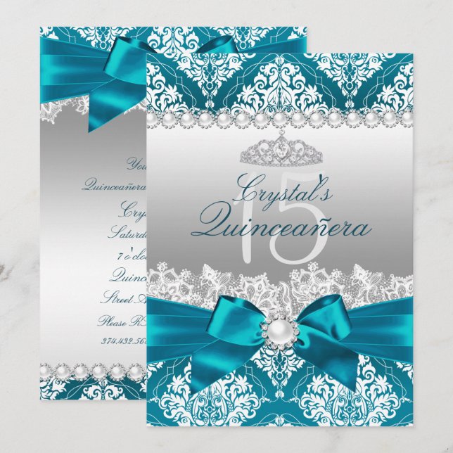 Turquoise Damask Pearl Bow Quinceanera Invitation (Devant / Derrière)