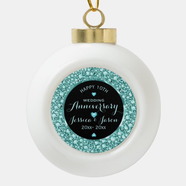 Turquoise Diamonds Glitzer 10 Jahre Keramik Kugel-Ornament (Vorderseite)