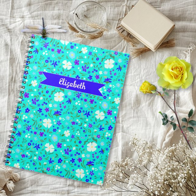 Turquoise Ditsy Floral Illustrated Personalized Notizblock (Von Creator hochgeladen)
