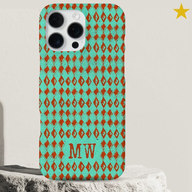 Turquoise Doodle Diamond Pattern Custom Monogram iPhone 16 Pro Max Hülle (Von Creator hochgeladen)