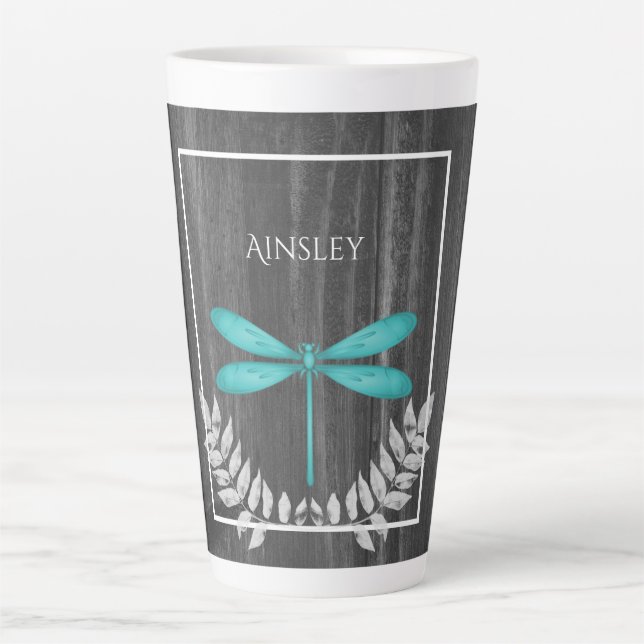 Turquoise Dragonfly Rustic Personnalisé Latte Mug (Devant)