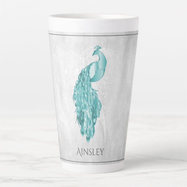 Turquoise Elegant Peacock Personnalisé Latte Mug (Devant)