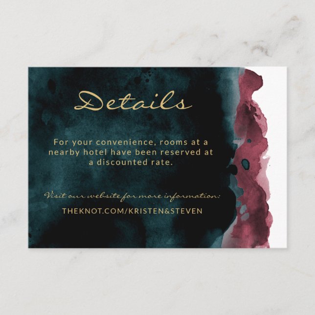 Turquoise et Bourgogne Mariage Détails Carte de bo (Devant)