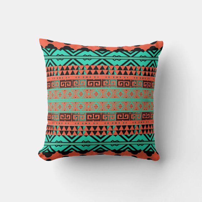 Turquoise et Coral Aztec Coussin inspiré (Recto)