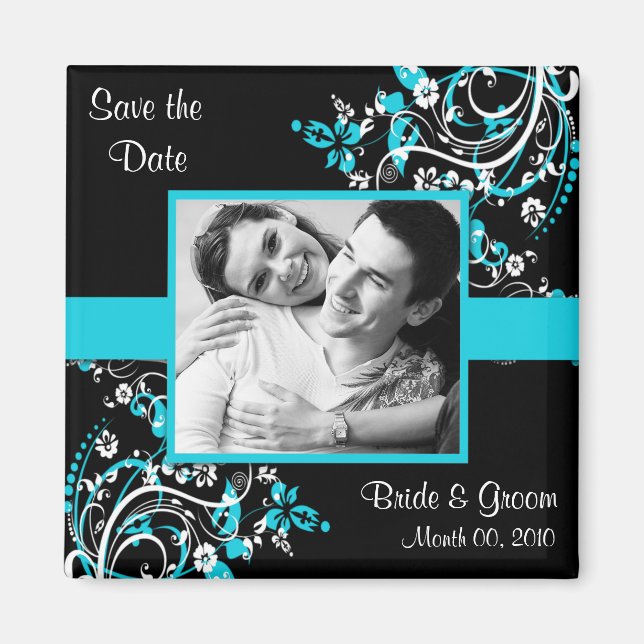 Turquoise et noir Enregistrer la date photo Magnet (Devant)