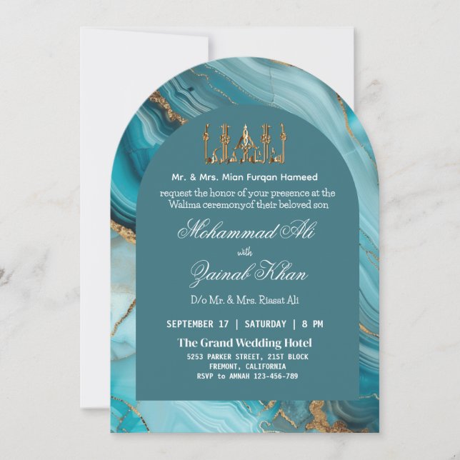 Turquoise et or Agate Valima Invitation (Devant)