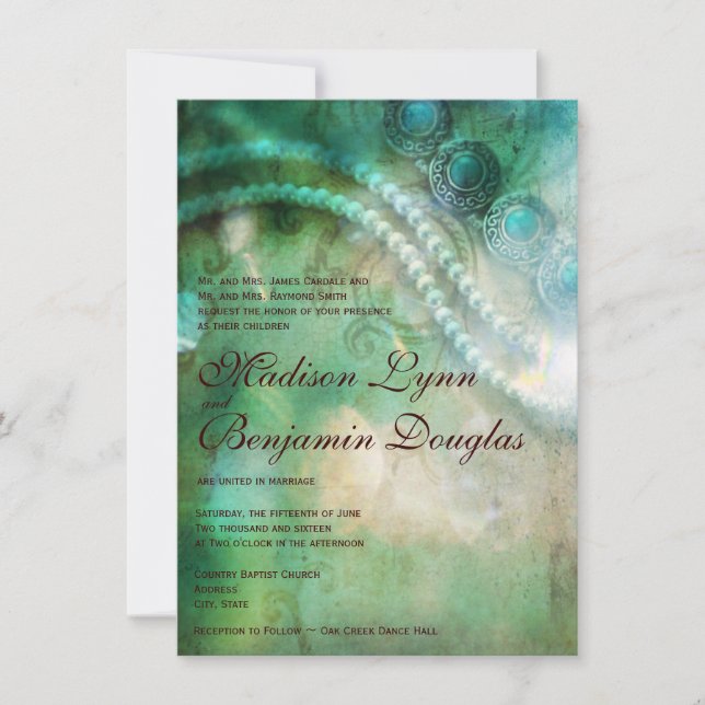 Turquoise et Perles Mariages Rustiques Invitations (Devant)