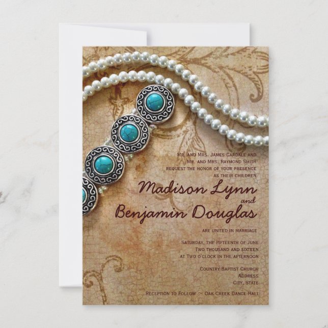Turquoise et Perles Mariages Rustiques Invitations (Devant)