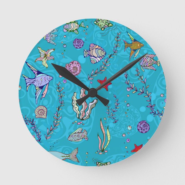 Turquoise Fish Pattern Runde Wanduhr (Vorderseite)