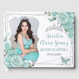 Turquoise Floral Butterflies QUINCEAÑERA 16 Photo Gästebuch