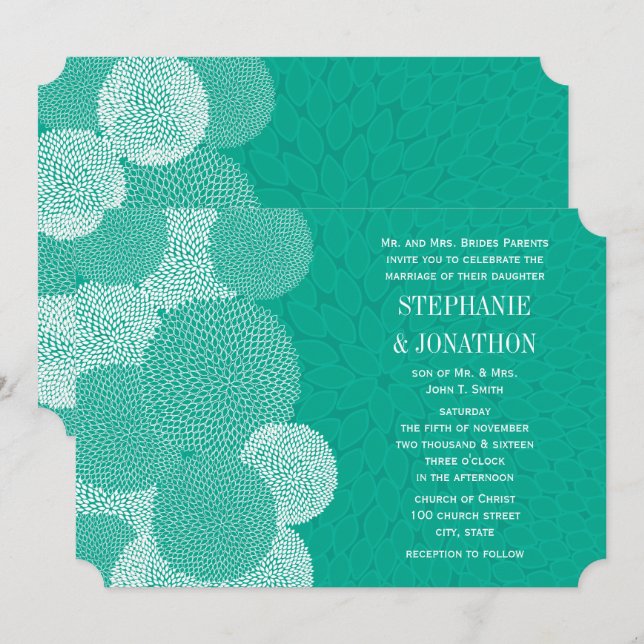 Turquoise Floral Chrysanthemum Invitations de mari (Devant / Derrière)