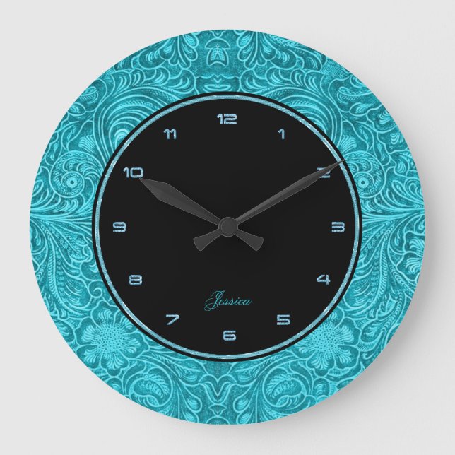 Turquoise Floral Faux Leather Embossed Look Große Wanduhr (Vorderseite)