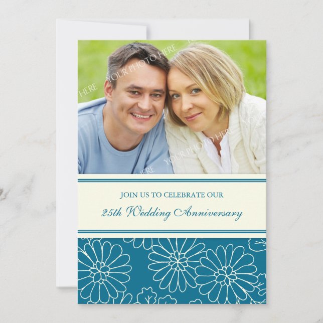 Turquoise Floral Foto 25 Jahre Einladung (Vorderseite)