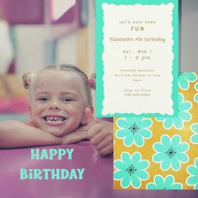 Turquoise Floral Girl Birthday Party Einladung (Von Creator hochgeladen)