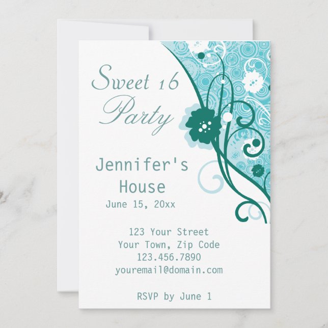 Turquoise floral - Invitation sucrée de 16 parties (Devant)