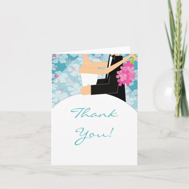 Turquoise Floral Mariée & Groom Merci Carte Note (Devant)