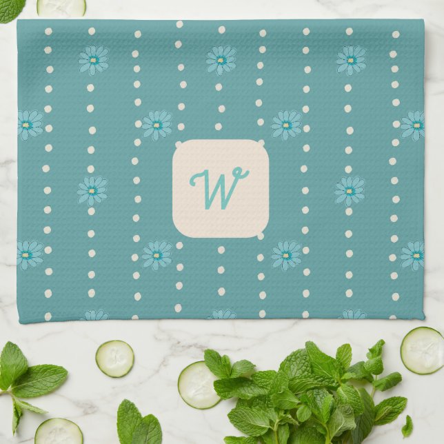 Turquoise Floral Monogramme Cuisine Torchon (Plié)